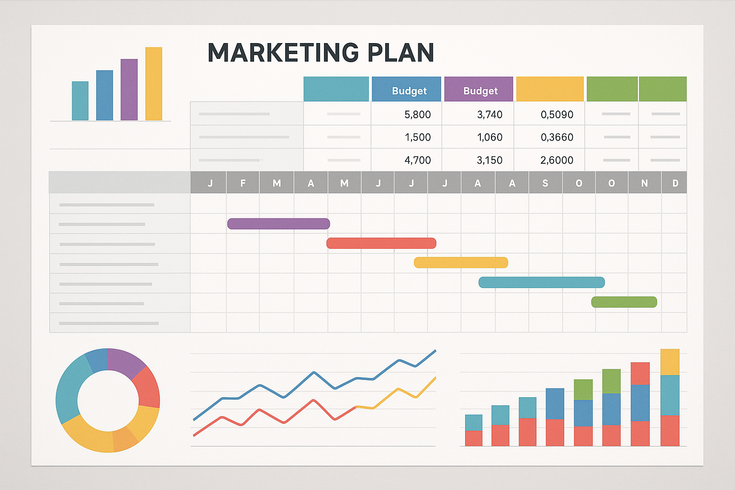 Marketing plan template Excel spreadsheet with budget and timeline sections