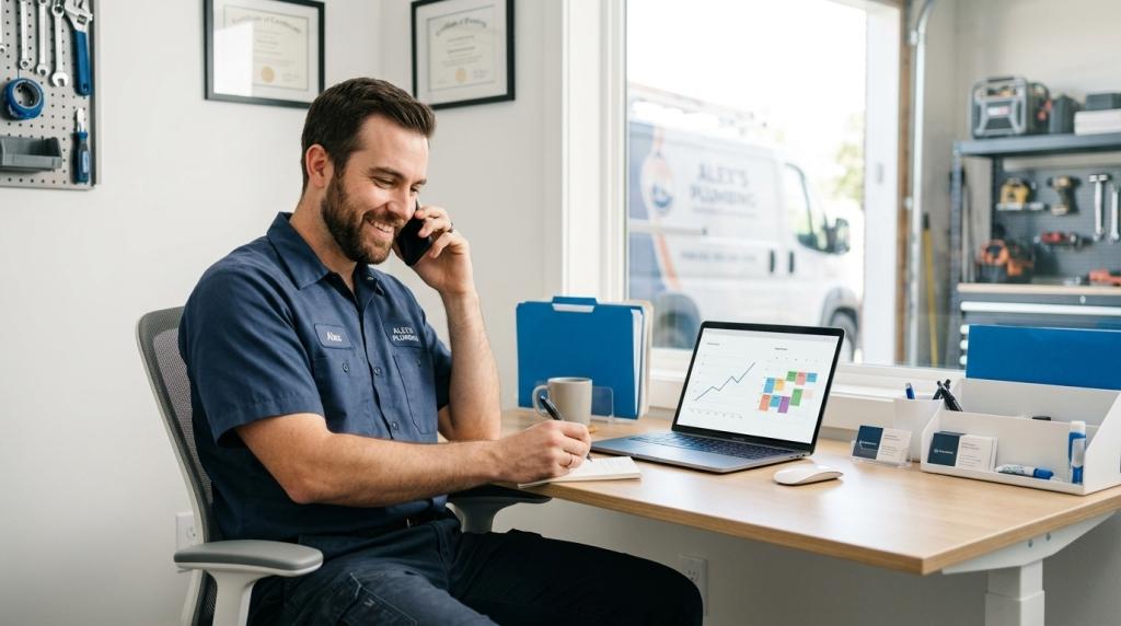 google ads for small local business -Local service business owner answering a customer call to avoid missed leads from Google Ads google ads for small local business -Local service business owner answering a customer call to avoid missed leads from Google Ads